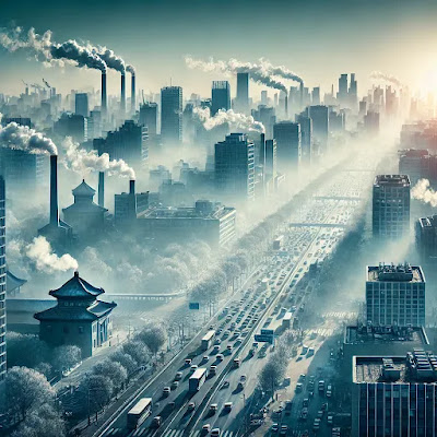 Cityscape shrouded in smog with visible vehicle emissions and industrial smoke, illustrating air pollution and its impact on urban environments.